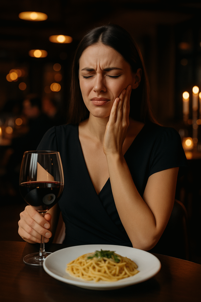 Toothache during dinner out showing a weekend dental emergency scenario