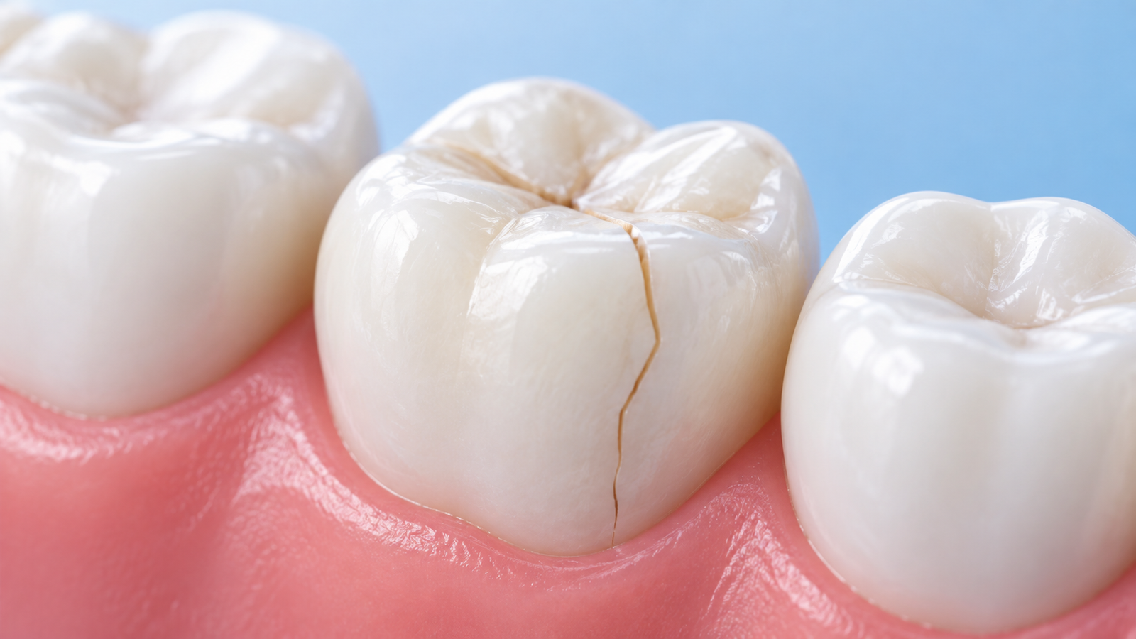 Illustration of a cracked molar with a visible fracture across the chewing surface and side
