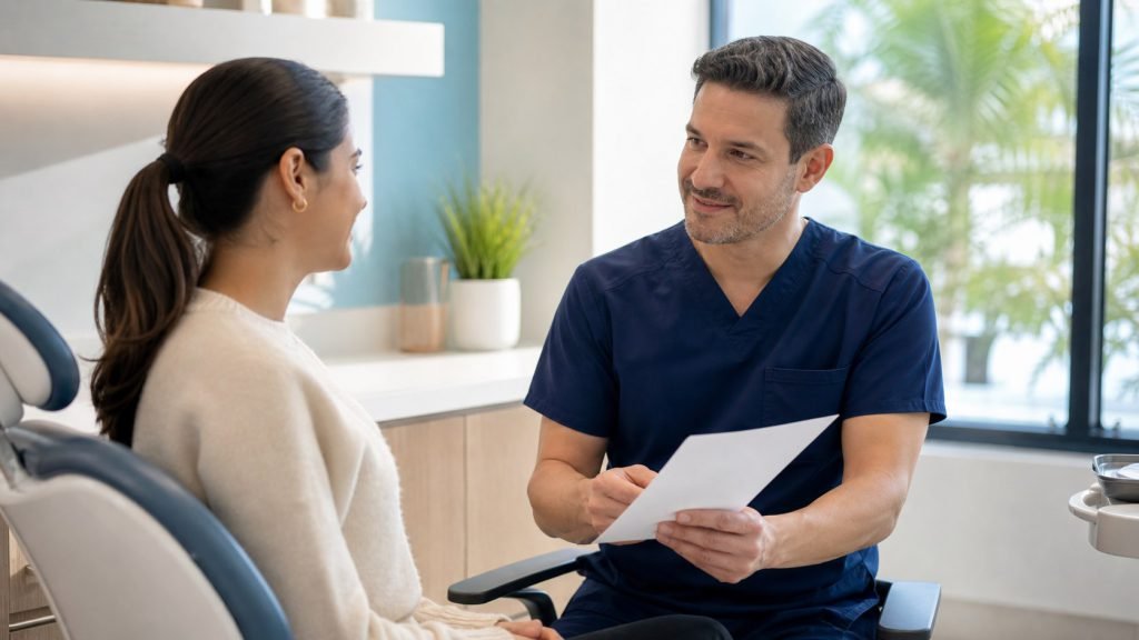What To Expect After A Root Canal: Soreness, Eating, And The Crown Step 1 Dentist reviewing root canal aftercare instructions with a patient