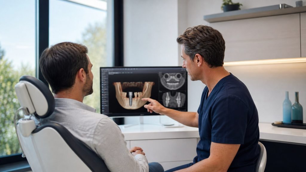 Extraction And Immediate Implant: Can A Tooth Be Removed And Replaced The Same Day? 1 Dentist reviewing 3D implant planning before extraction and immediate implant treatment