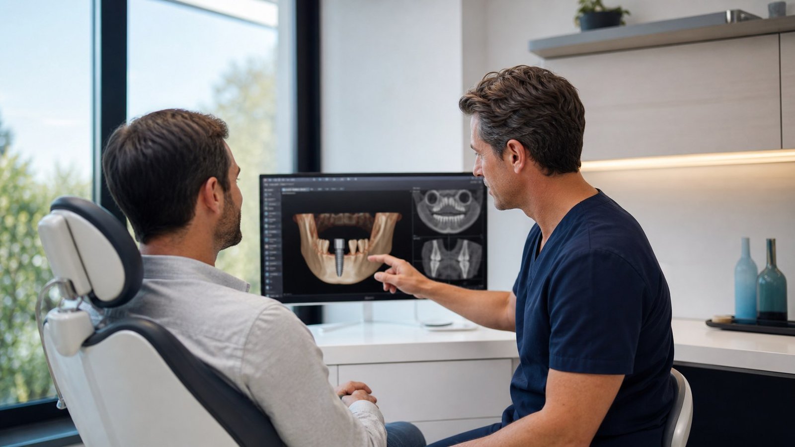 Dentist reviewing implant planning with a patient