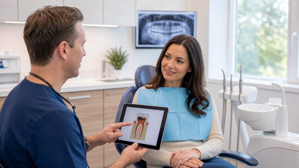 Emergency Root Canal: When Tooth Pain Needs Treatment Quickly 1 Dentist explaining root canal treatment during an emergency visit