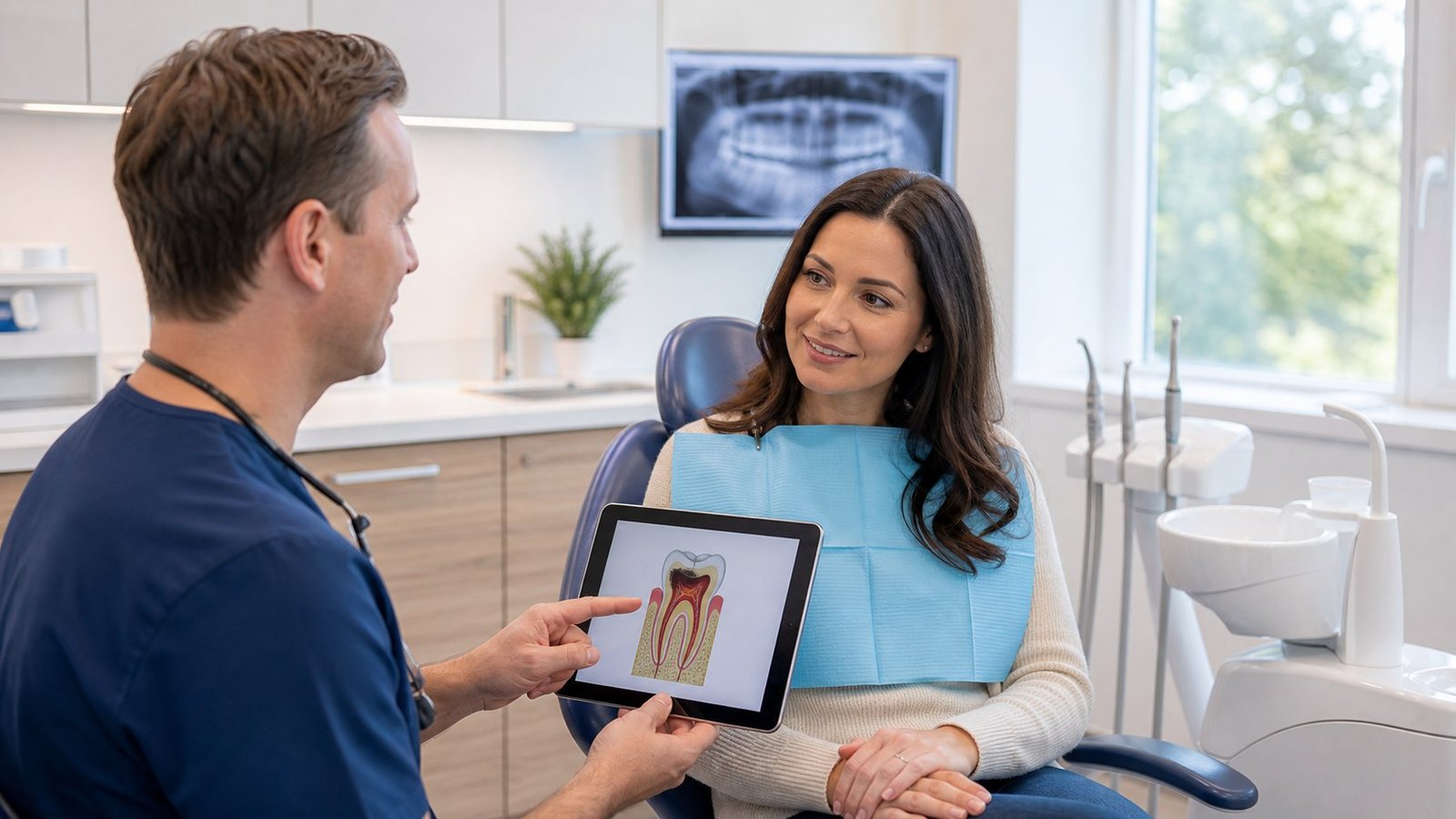 Dentist explaining root canal treatment during an emergency visit