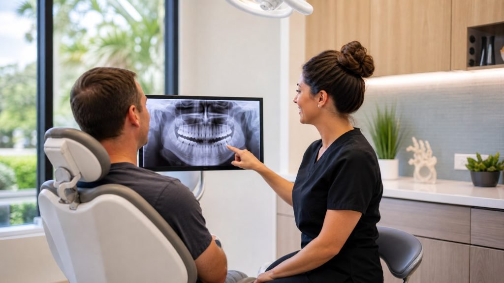Same-Day Tooth Extraction Appointments: What Can Usually Happen Today? 1 Patient reviewing a dental X-ray before a same-day tooth extraction appointment