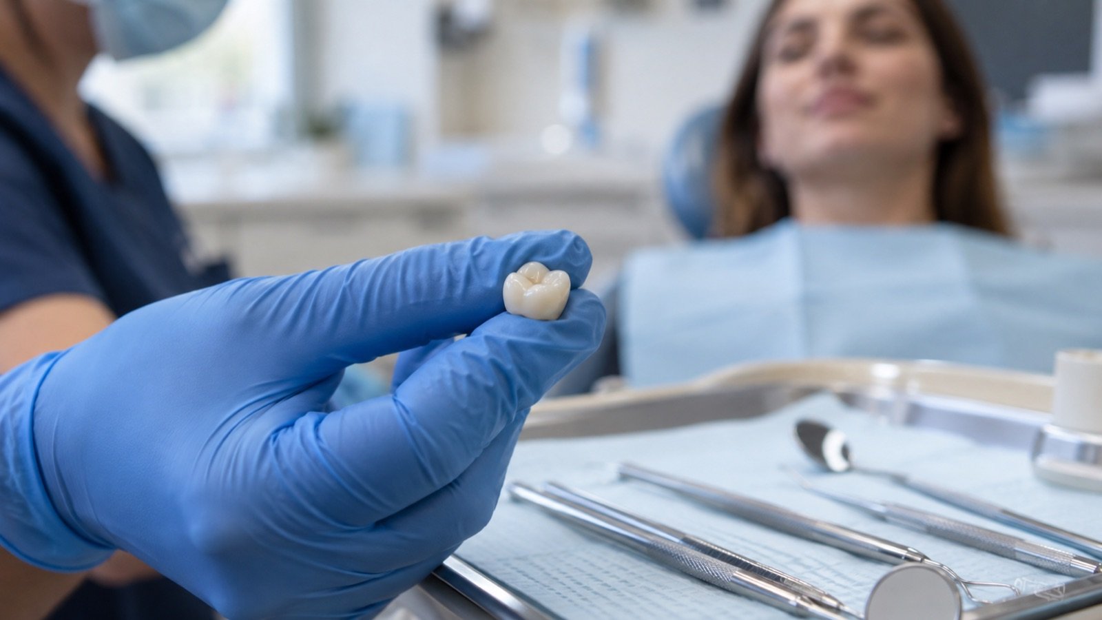 Crown Fell Off? 7 Essential Answers Before Your Visit 1 Dental professional holding a ceramic crown — crown fell off care guide