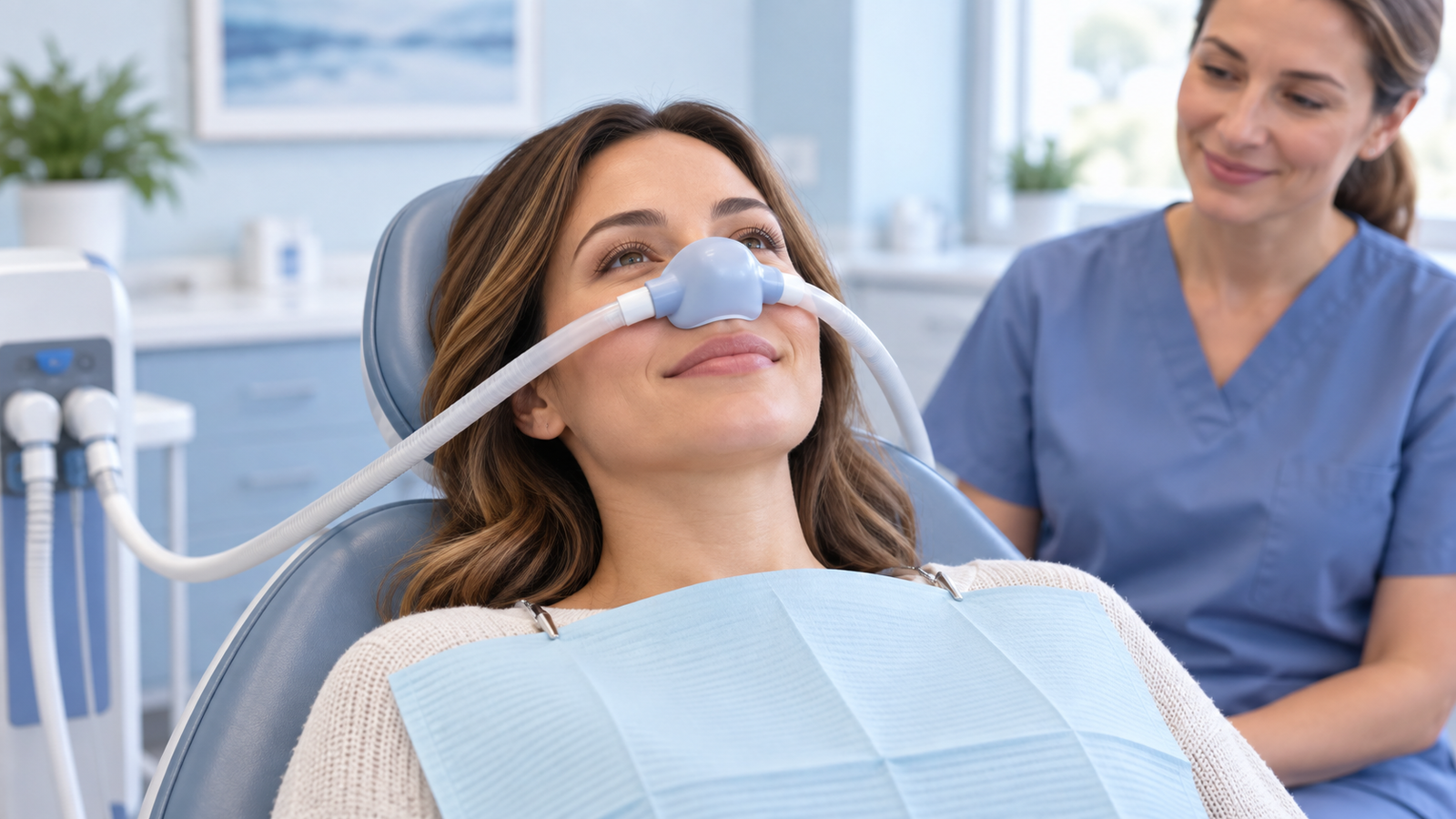 Dental Anxiety: How Nitrous Oxide Can Help You Relax 1 Illustration of a relaxed dental patient wearing a nitrous oxide nasal hood