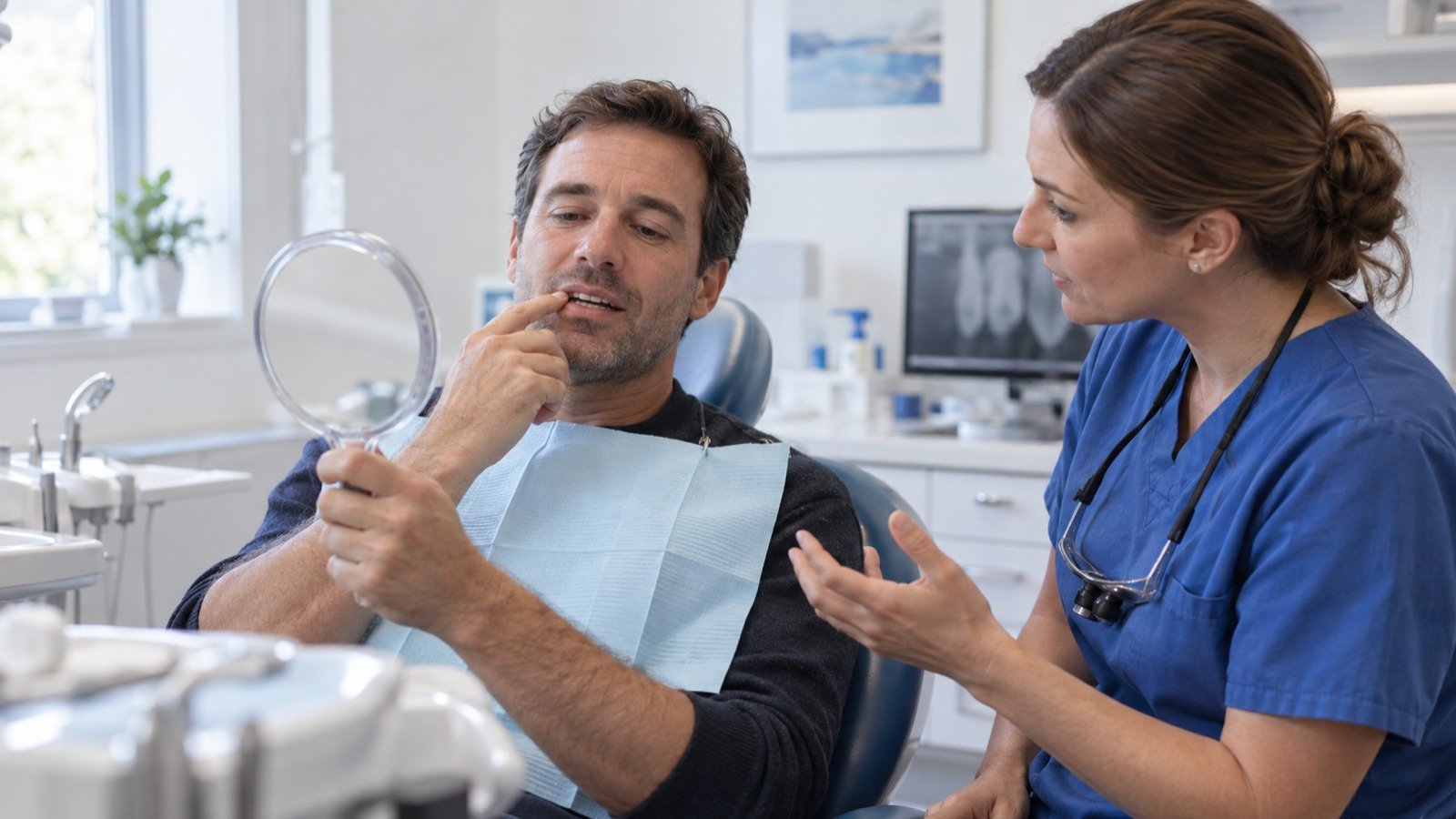 Cavity Filling Cost In Sarasota: What Affects Your Fee? 1 Patient using a hand mirror while discussing a tooth with a dentist