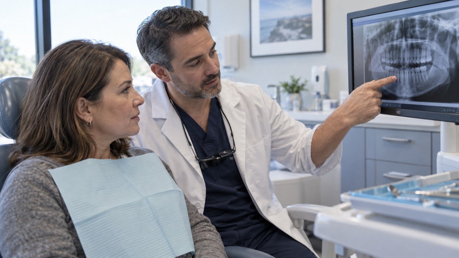 Root Canal Cost In Sarasota: What Changes The Price? 1 Dentist reviewing a dental X-ray with a patient during a treatment consultation